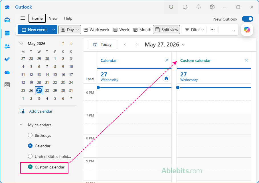 A newly created personal calendar is added to the new Outlook.