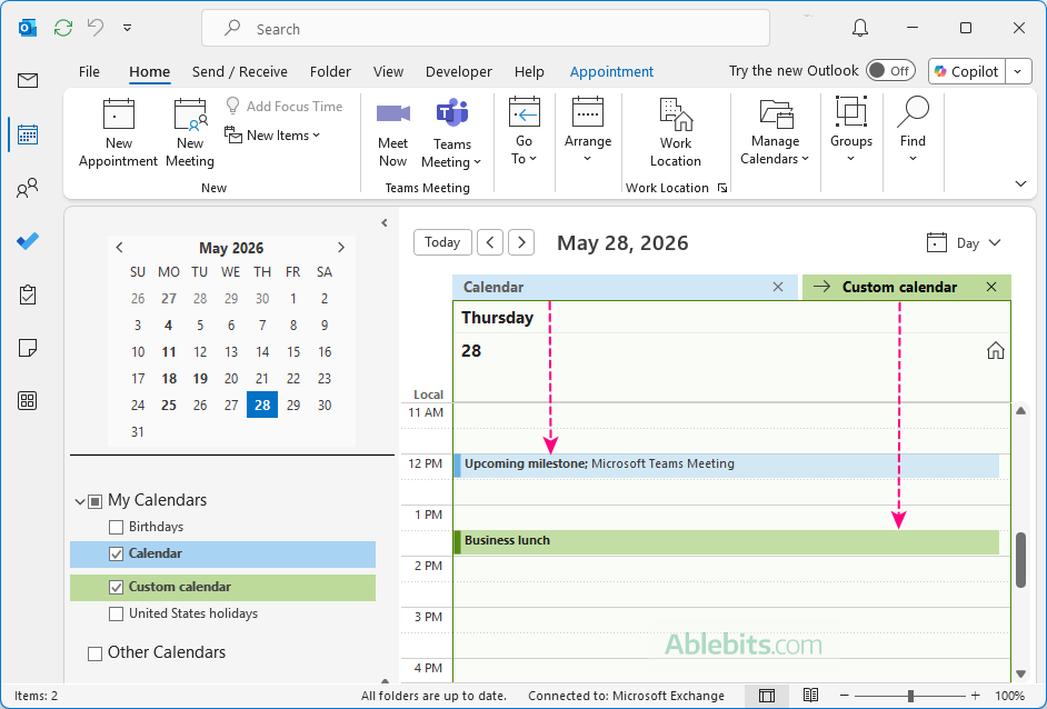 An additional calendar is added to Outlook 365.
