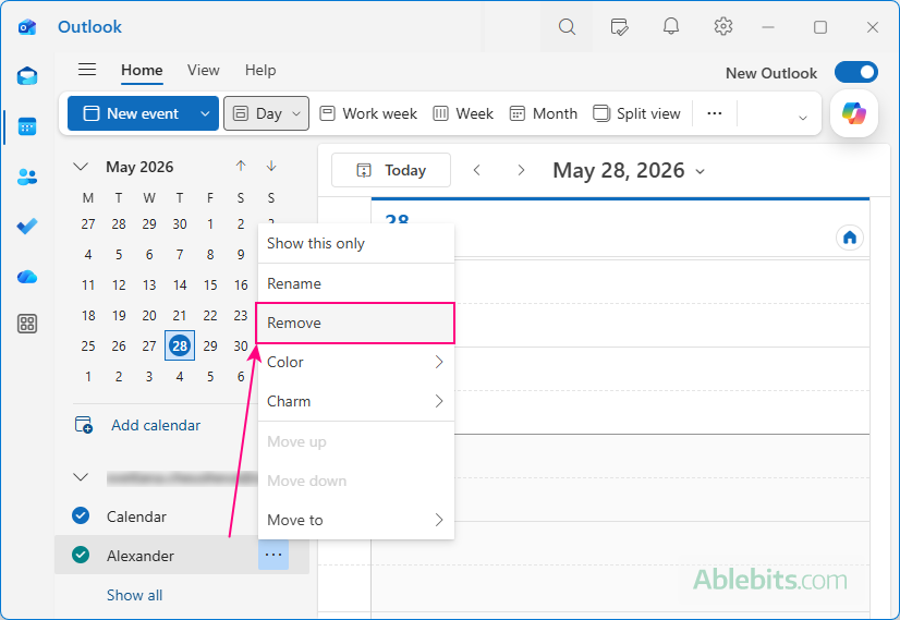 Remove a calendar from Outlook.