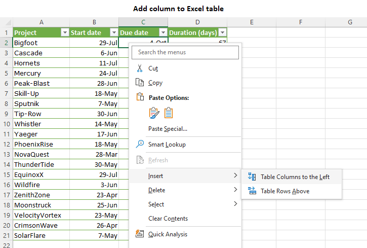 Add a column to an Excel table.
