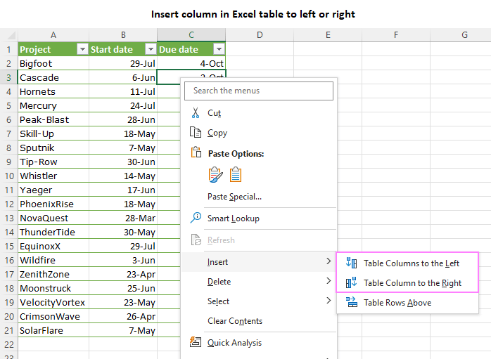 Insert a column in an Excel table to the left or to the right.