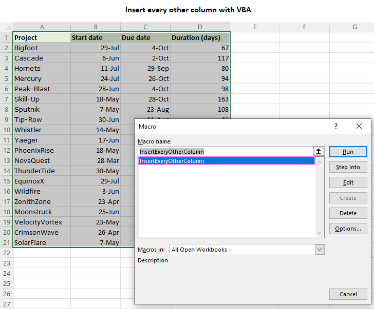 Insert a blank column between every other column with VBA.