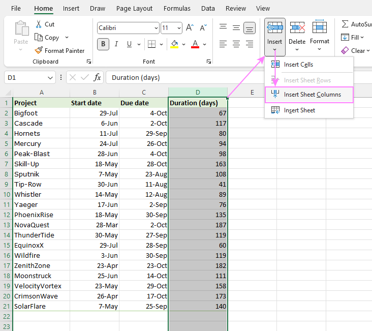 Insert a column in Excel using the ribbon.
