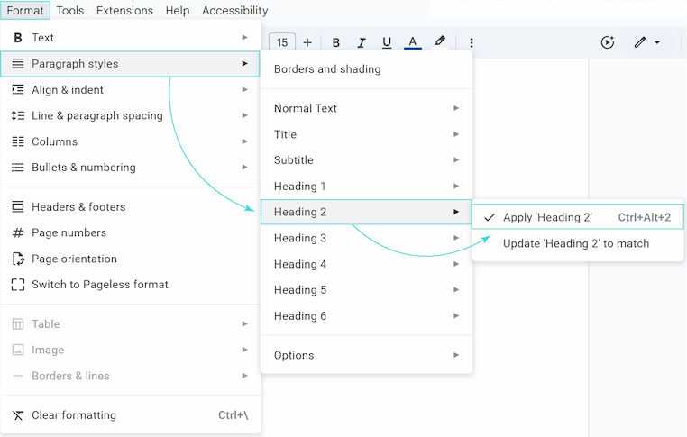 Google Docs Format menu selecting Paragraph styles for Heading 2.