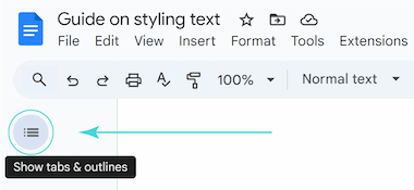Google Docs outline icon in top left corner for quick navigation pane access.