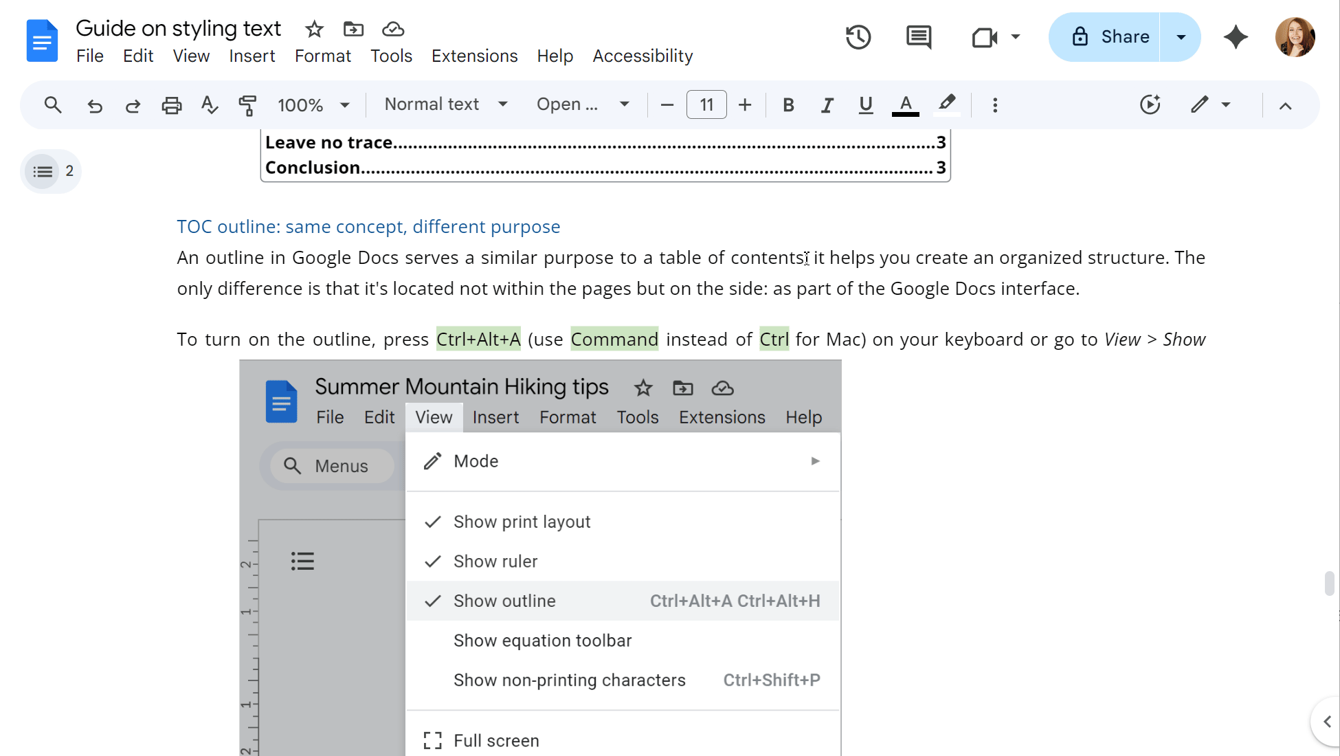 Google Docs internal link creation menu for document navigation.
