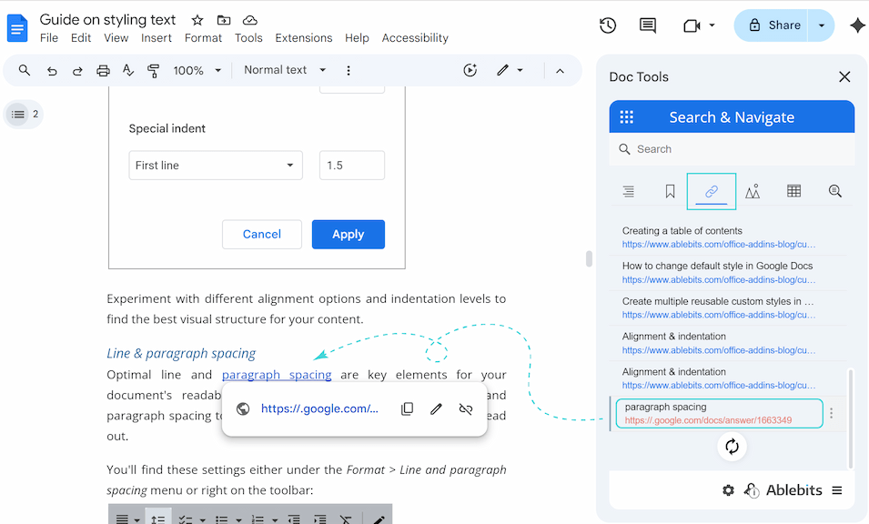 Link review interface showing centralized list of URLs.