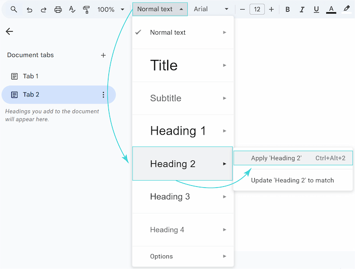 Google Docs toolbar Normal text dropdown menu selecting Heading 2 style.