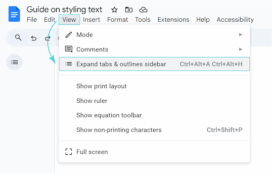 Where to find  the Expand Tabs & Outlines sidebar option in the Google Docs menu.