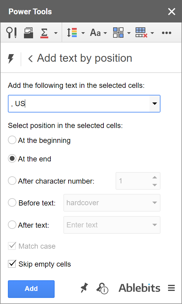 Use Power Tools to add text by position in Google Sheets.