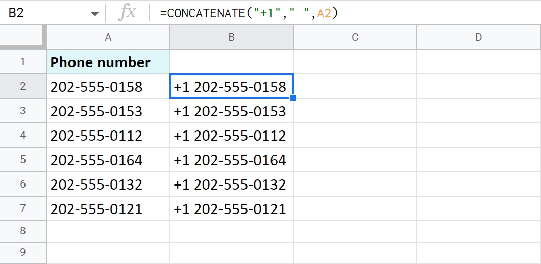 Use the CONCATENATE function to insert text at the beginning of Google Sheets cells.