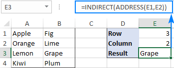 Formula to return a cell value in a given row and column
