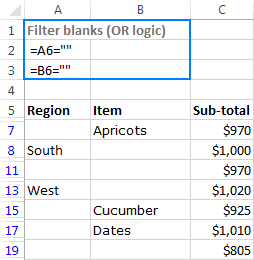 Filter blank cells with the OR logic.