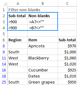 Filter non-blank cells with OR as wells as AND logic.