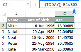 Age calculation formula that returns decimal numbers