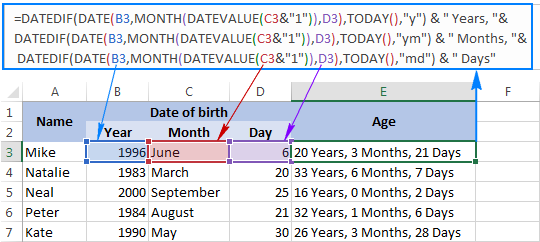Calculating age from day, month and year in different cells
