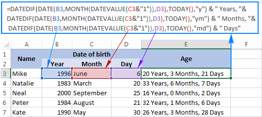 Day month date. =(Datedif(b2,today(),