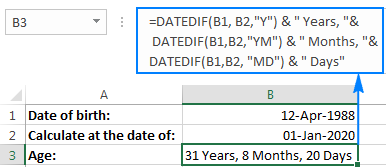 Calculating age from DOB at a particular date