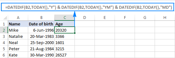 To calculate an exact age, concatenate 3 DATEDIF functions