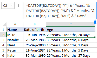 DATEDIF formula to calculate an exact age from date of birth