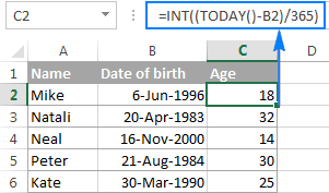Using the basic age calculation formula in Excel