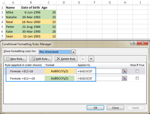 Highlighting ages that are under or over a specific age