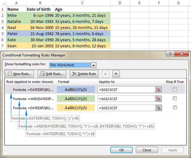 DATEDIF formulas to highlight ages that are under, between or over a specific age