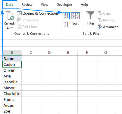 Sorting a column alphabetically in Excel