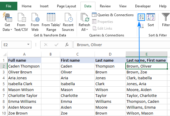 A list alphabetized by the last name in Excel