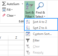 Another way to get to the Sort buttons in Excel