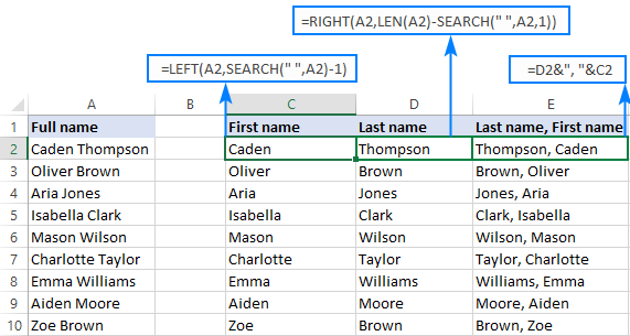 Formulas to extract the first and last names in Excel