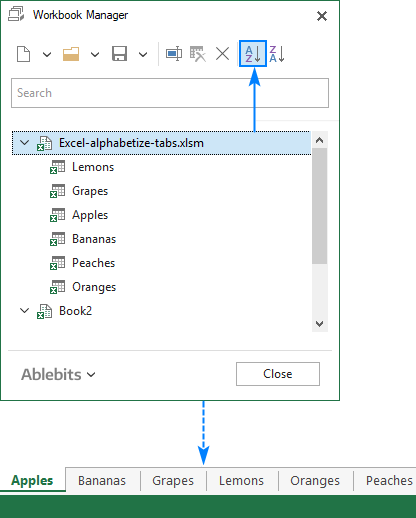 Các tab chữ cái trong Excel với một nút bấm.