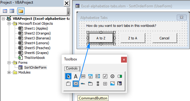 Tạo một UserForm để sắp xếp thứ tự các tab Excel tăng dần hoặc giảm dần.