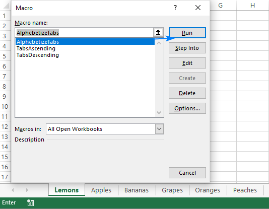 Run the macro to sort Excel tabs alphabetically or in the reverse order.