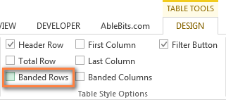 To delete alternate rows shading, go to the Design tab and uncheck the Banded rows option.