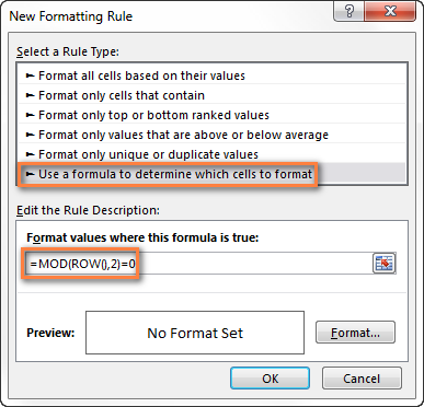Creating a new conditional formatting rule of the 