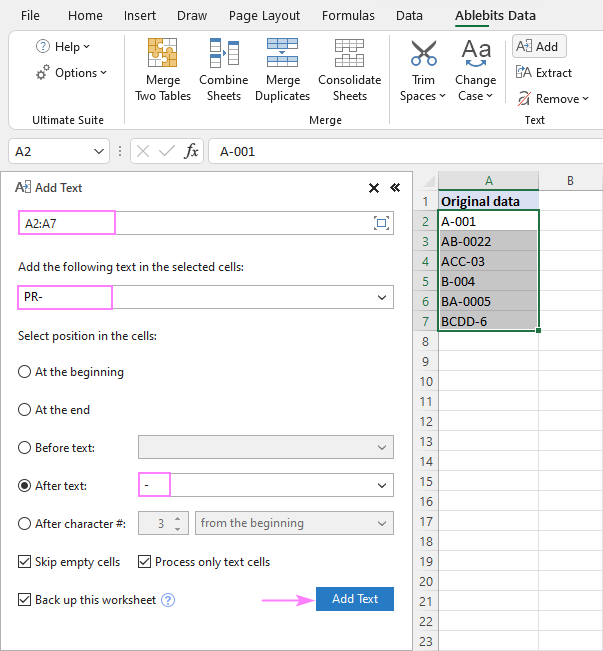 excel adding text to multiple cells