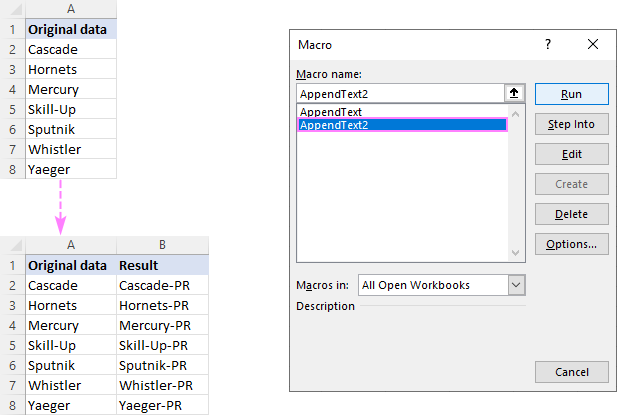 Macro to append text and place the results in the adjacent column