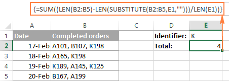 Array formula to count any given character(s) in a ranges