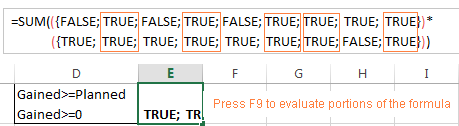 Select portions of the formula and press F9 to view the arrays behind the formula parts.