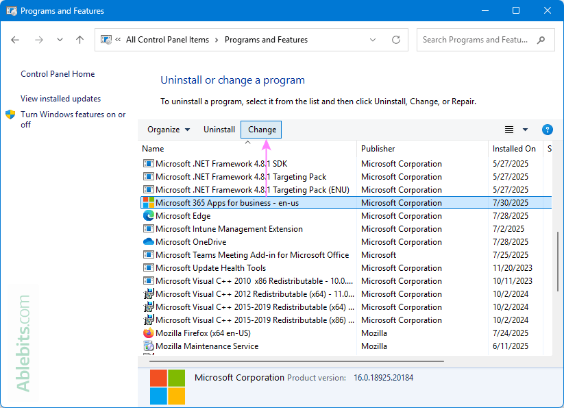 Change Office or Microsoft 365 Apps.