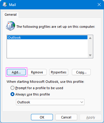 Create a new Outlook profile.
