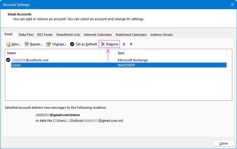Remove a problematic Outlook account.