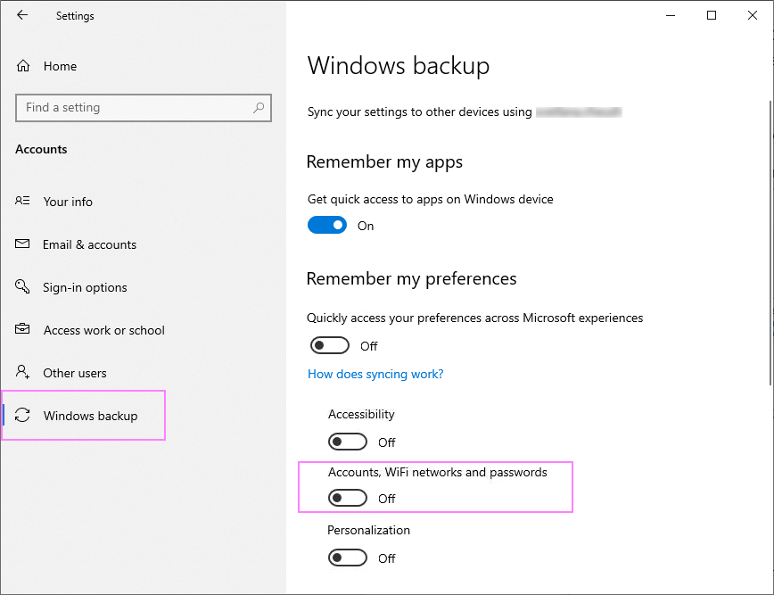Disable Windows 10 sync settings for accounts and passwords.