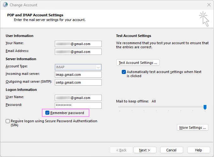 Configure Outlook to remember your password.
