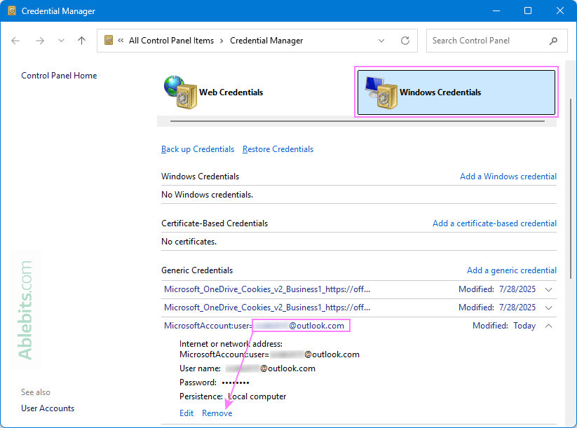 Clear Outlook password stored in Windows Credential Manager.