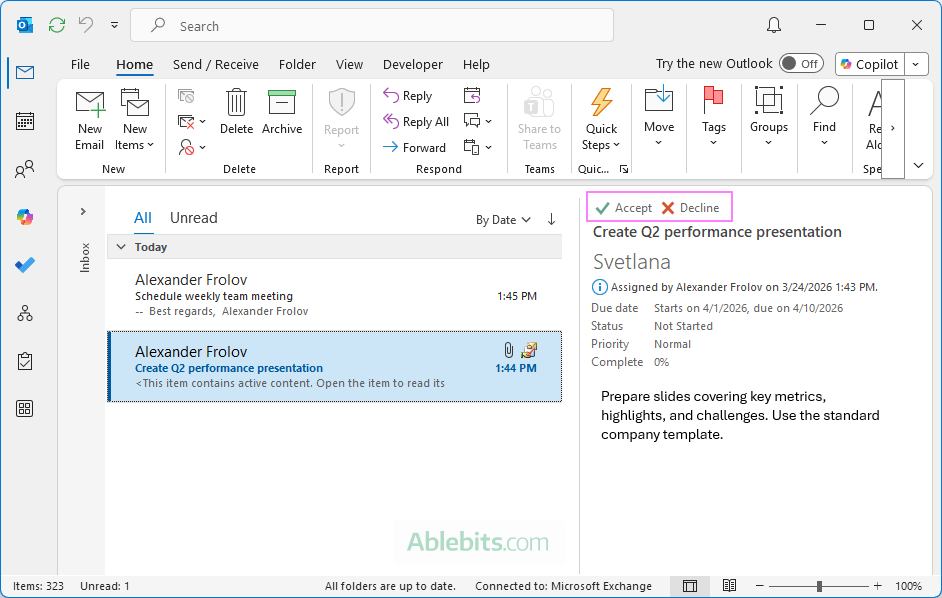 Accept or decline an assigned task in Outlook.