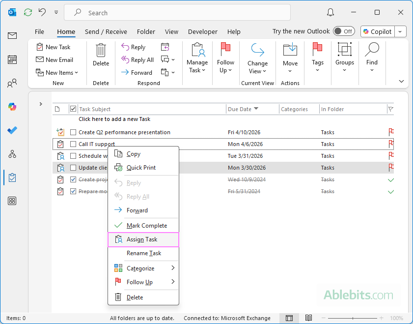 Assign an existing Outlook task to other people.