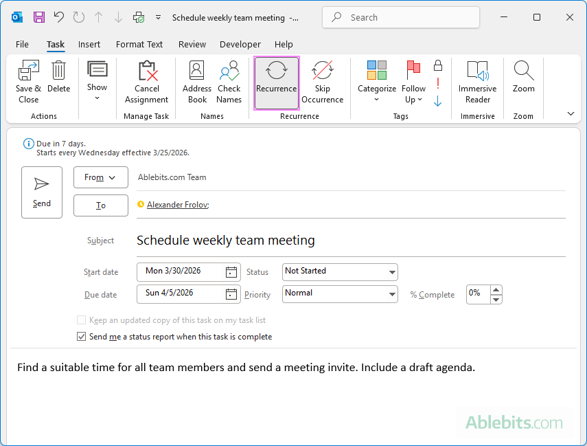 Assign a recurring task in Outlook.