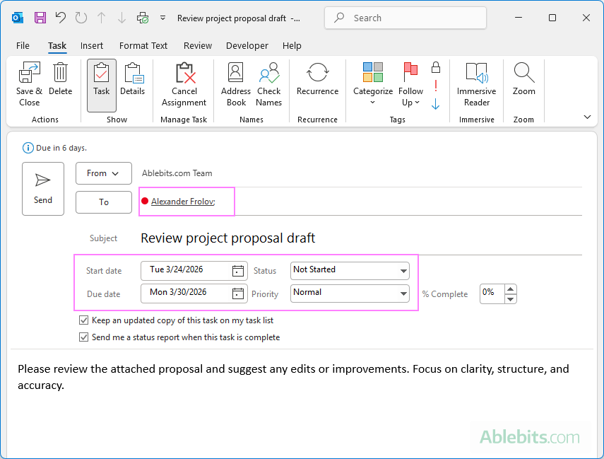 Enter an email address of the person you are delegating the task to.
